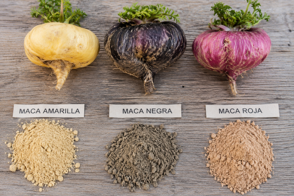 Raíces y polvo de las tres variedades de maca (Lepidium meyenii) según el color de su hipocótilo: amarilla, negra y roja