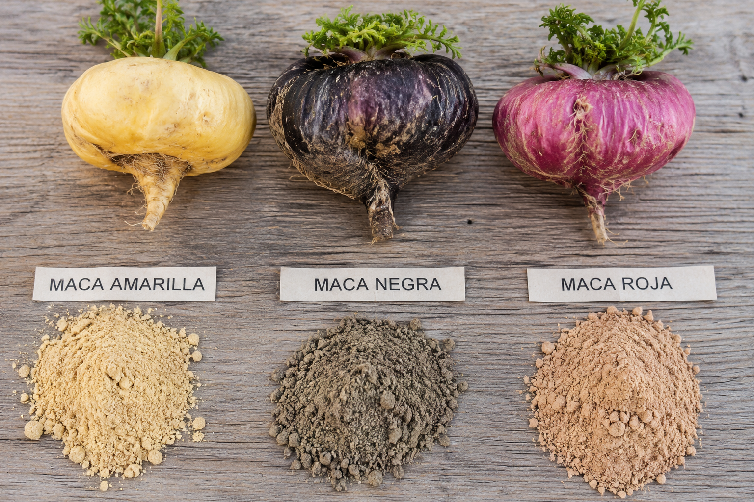 Raíces y polvo de las tres variedades de maca (Lepidium meyenii) según el color de su hipocótilo: amarilla, negra y roja