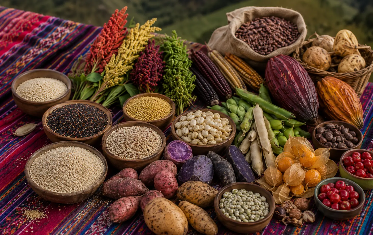 Variedad de granos y semillas andinas y amazónicas de colores, símbolo de la biodiversidad peruana
