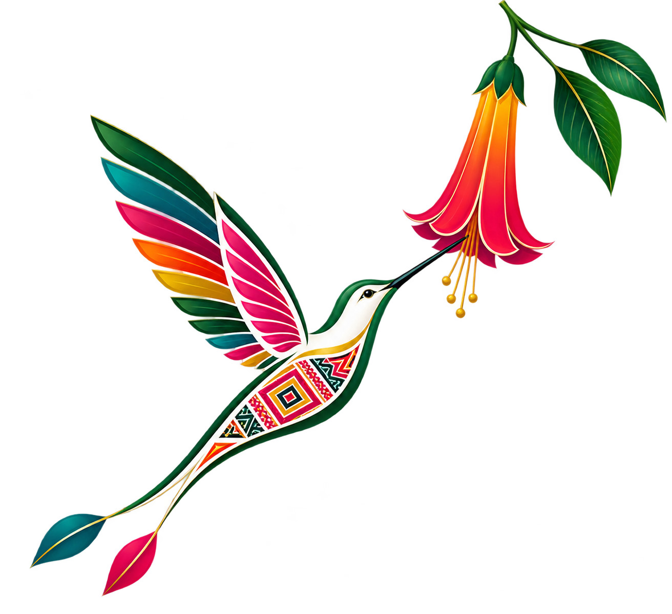 Icono del colibrí de Colibrí Origins con diseño de textil andino junto a una flor