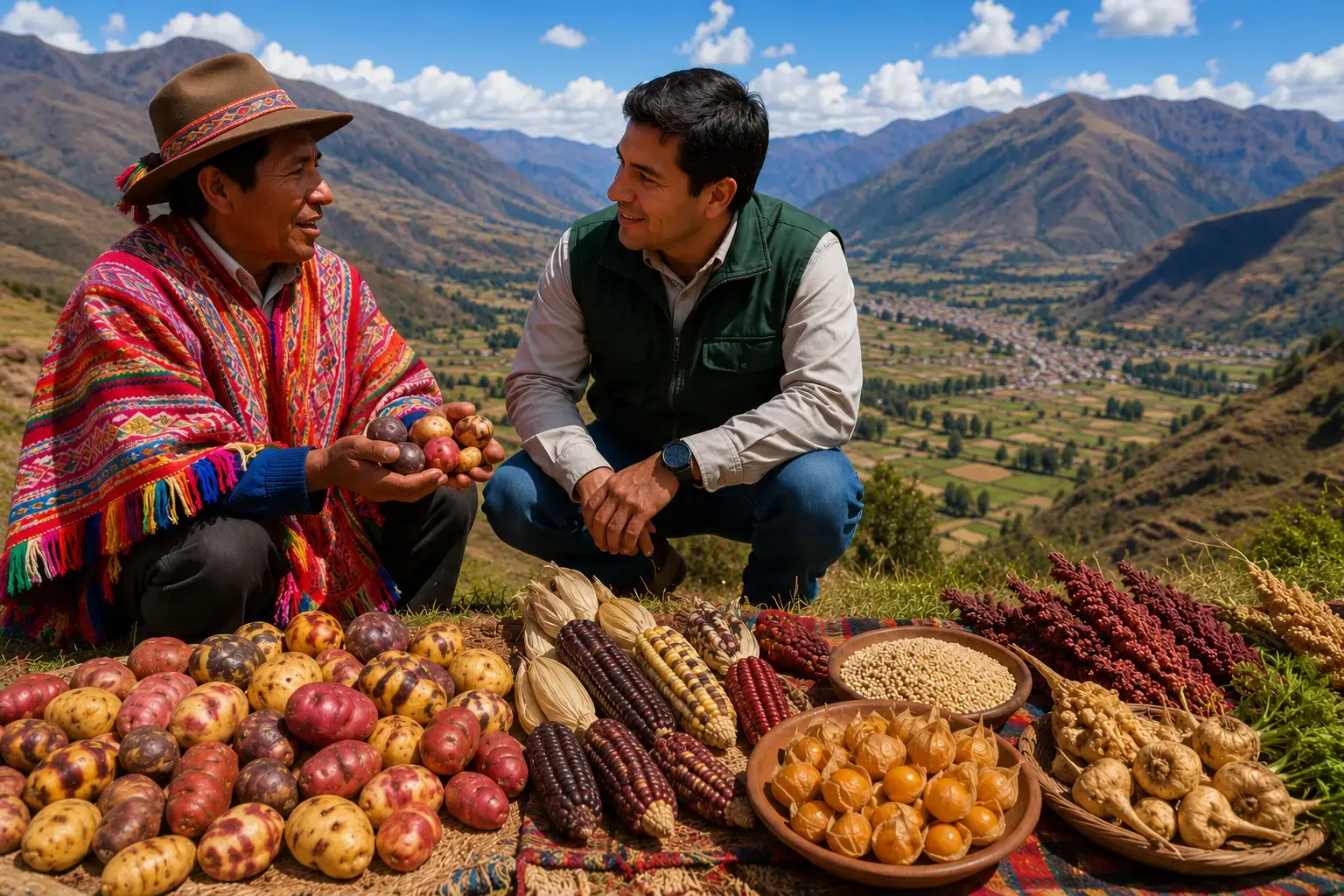 Agricultor andino y representante de Colibrí Origins conversando junto a papas nativas, maíz, quinua y maca en el valle sagrado del Perú