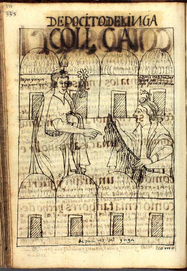 Ilustración de Guamán Poma de Ayala (1615) de un depósito inca o qullqa, con un funcionario y un contador con quipu ante los almacenes