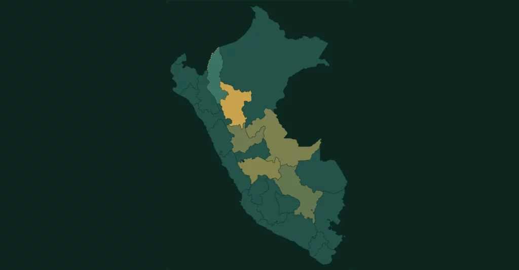 Mapa de Perú con las regiones productoras de cacao en tonos dorados