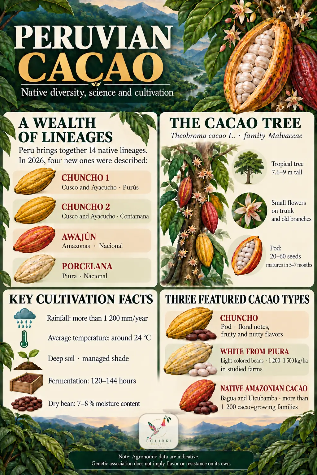 Illustrated leaflet on Peruvian cacao: the four new 2026 lineages (Chuncho 1, Chuncho 2, Awajún and Porcelana), the cacao tree, key cultivation facts and three featured cacaos: Chuncho, White from Piura and native Amazonian cacao
