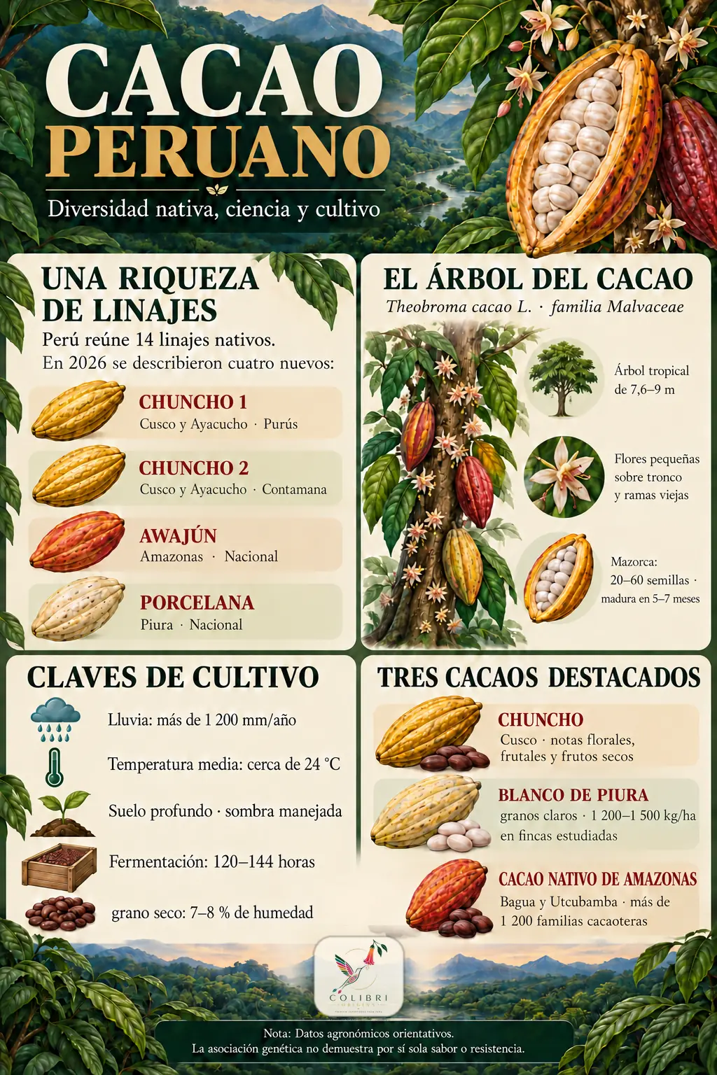 Folleto ilustrado sobre el cacao peruano: los cuatro linajes nuevos de 2026 (Chuncho 1, Chuncho 2, Awajún y Porcelana), el árbol del cacao, claves de cultivo y tres cacaos destacados: chuncho, Blanco de Piura y nativo de Amazonas