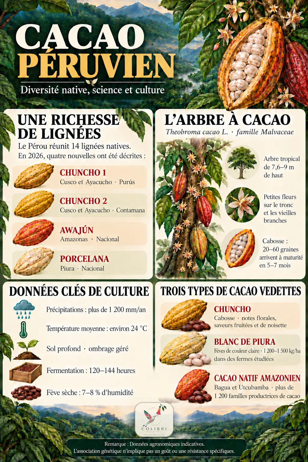 Fiche illustrée sur le cacao péruvien : les quatre nouvelles lignées de 2026 (Chuncho 1, Chuncho 2, Awajún et Porcelana), l’arbre à cacao, les données clés de culture et trois cacaos vedettes : chuncho, blanc de Piura et cacao natif amazonien