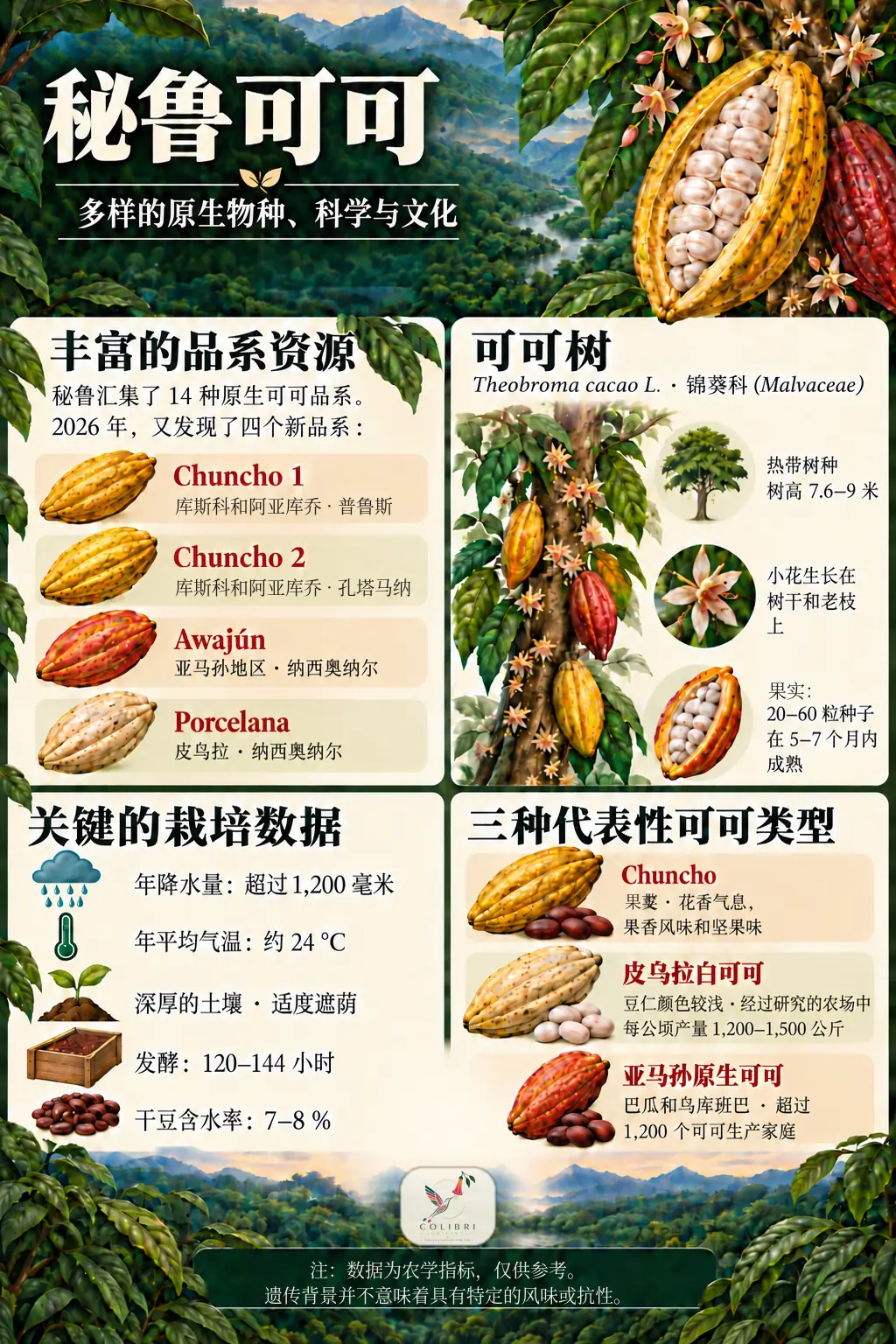 秘鲁可可图解:2026年发现的四个新品系(Chuncho 1、Chuncho 2、Awajún和Porcelana)、可可树、关键栽培数据,以及三种代表性可可:Chuncho、皮乌拉白可可和亚马孙原生可可
