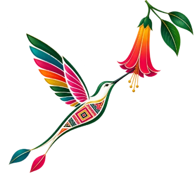 Icono del colibrí de Colibrí Origins con diseño de textil andino junto a una flor