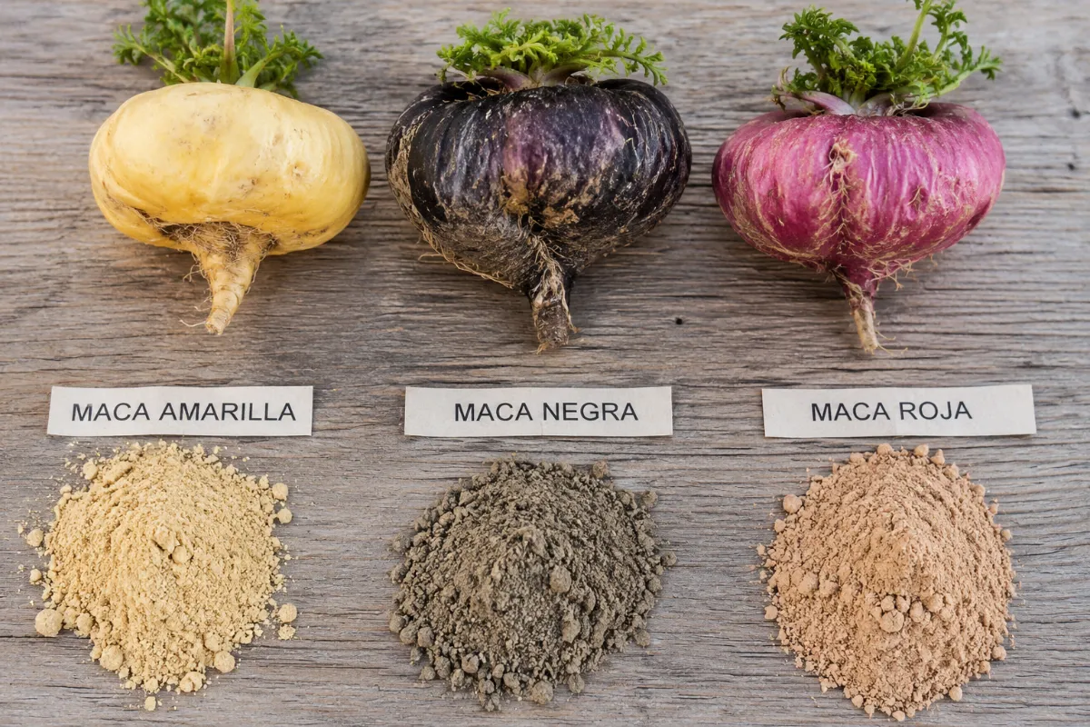 Raíces y polvo de las tres variedades de maca (Lepidium meyenii) según el color de su hipocótilo: amarilla, negra y roja