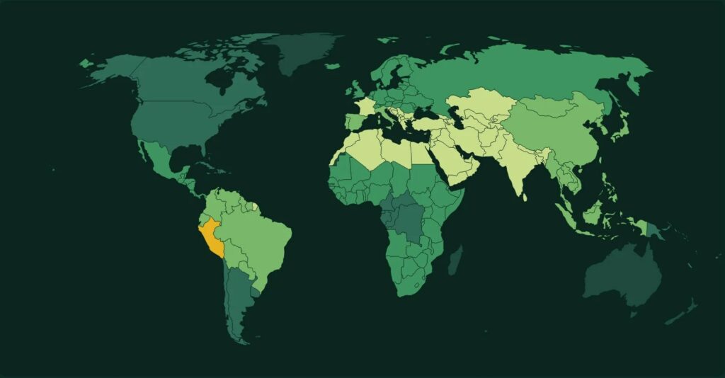 Mapa mundial con las regiones de origen de los cultivos y Perú destacado en dorado